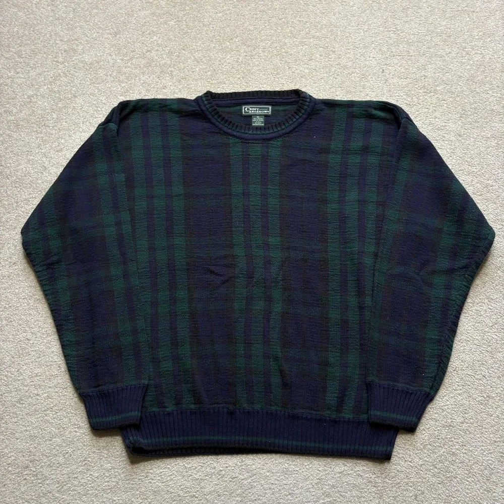Vtg Croft & Barrow Sweater XL Blue Green Plaid Cotton Knit Crewneck Pullover 90s